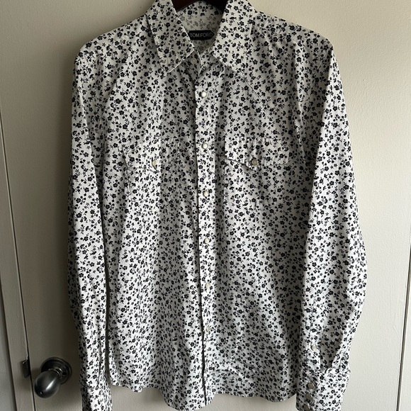 Tom Ford Floral Blue and White White Western Shirt